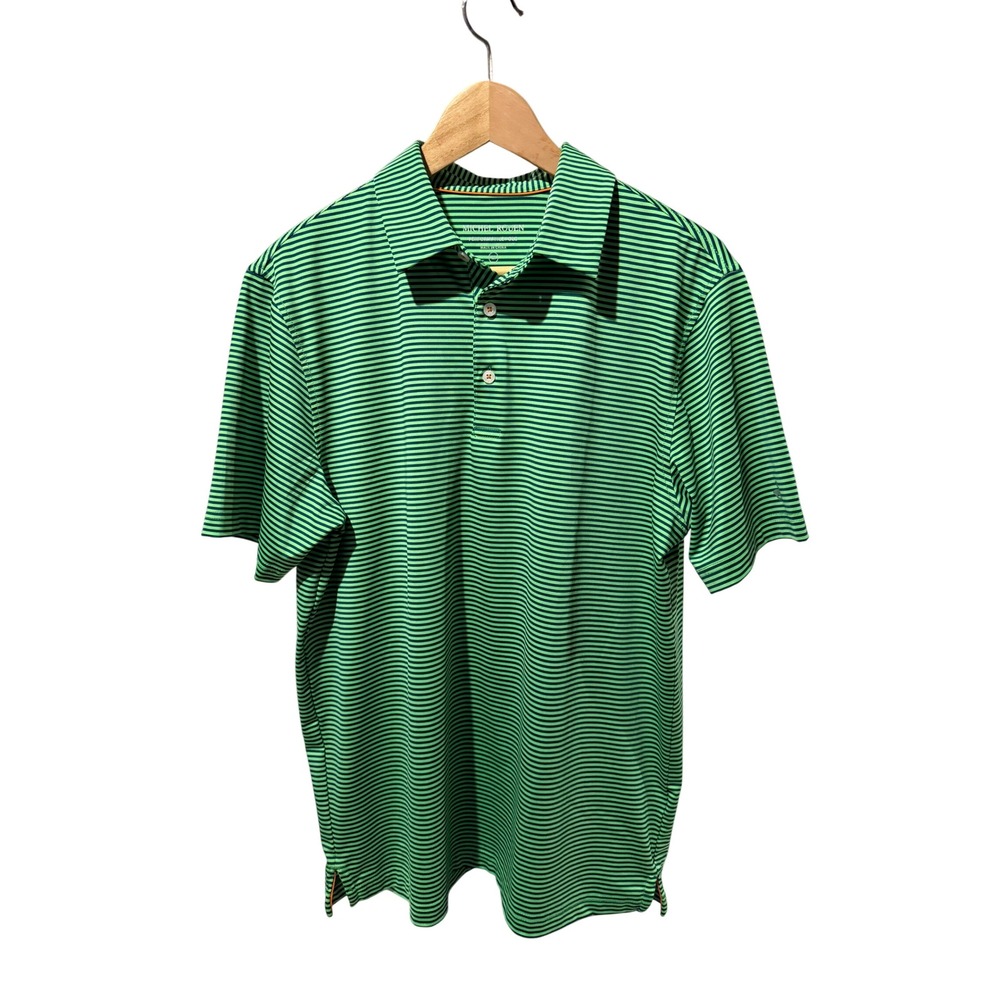 Michel Rouen Mens‎ Performance Polo Shirt Green Navy Blue Striped Size Medium